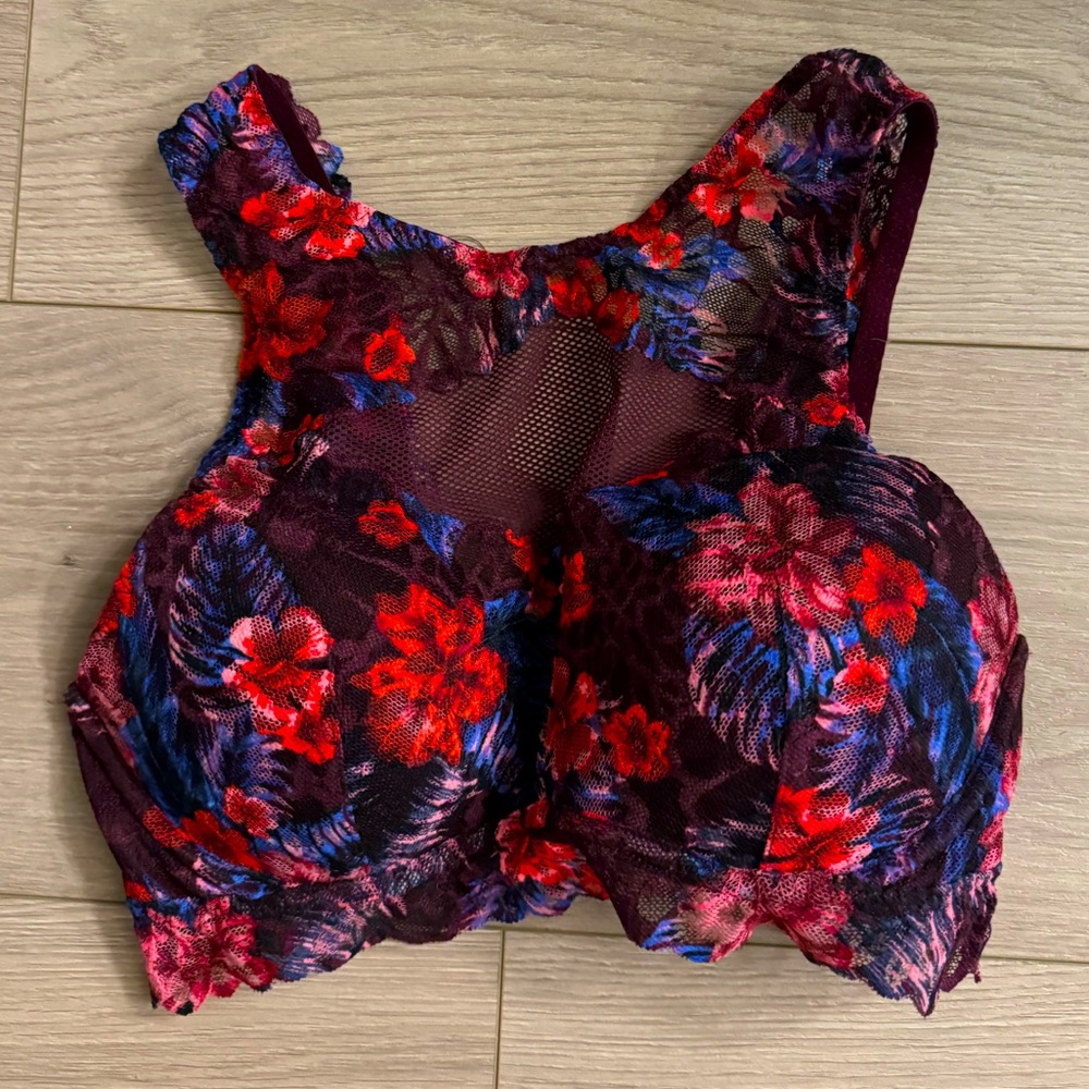 PINK Victoria’s Secret tropical floral lace mesh push-up bralette maroon pink